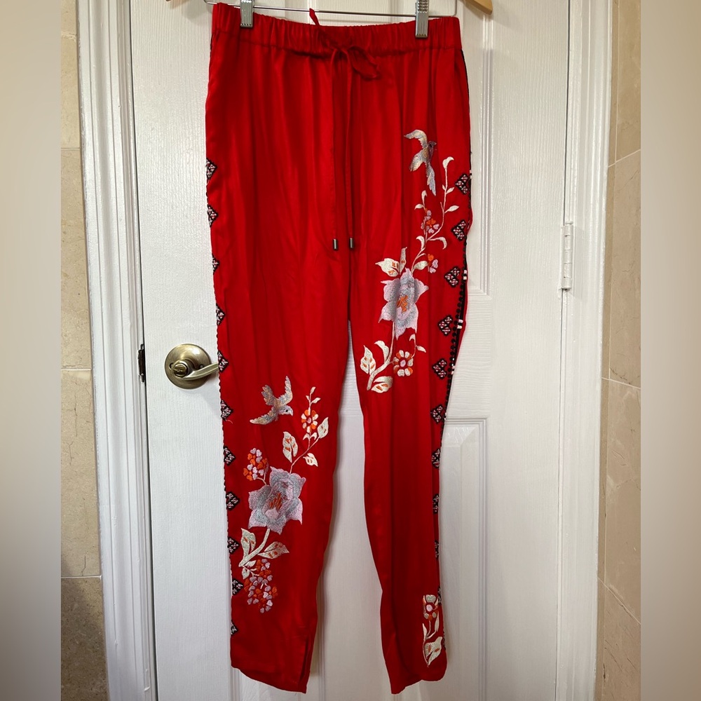 FREE PEOPLE | Red Drawstring Silk Pants with Floral Embroidery & Sequins -size S